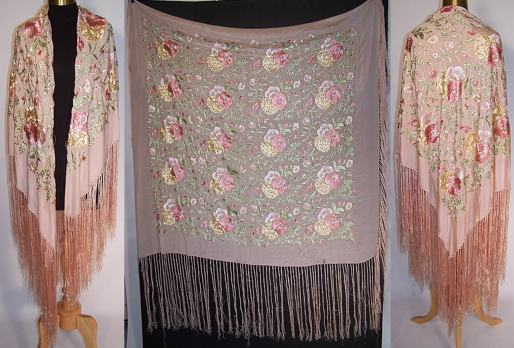 Vintage Pink Pastel Silk Embroidered Floral Fringe Piano Shawl