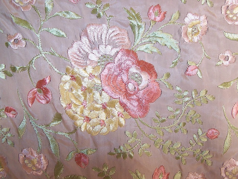 Vintage Pink Pastel Silk Embroidered Floral Fringe Piano Shawl close up