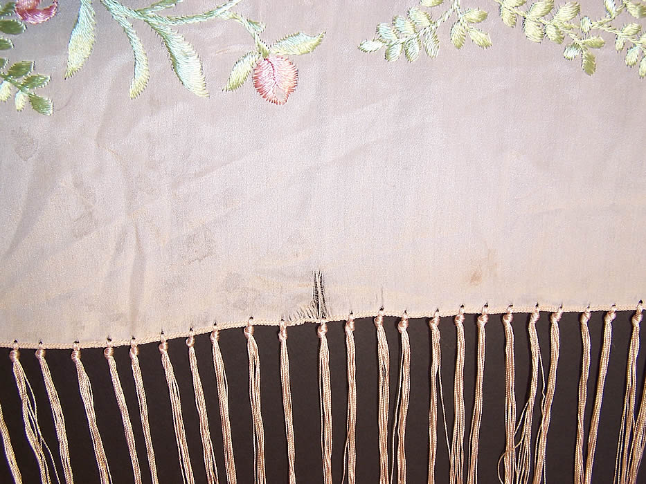 Vintage Pink Pastel Silk Embroidered Floral Fringe Piano Shawl with a a small frayed rip near the edging 
