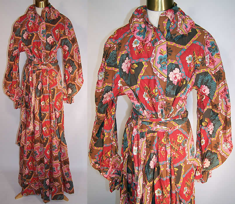 Victorian Womens Cotton Calico Chintz Orientalism Morning Gown Robe Dress