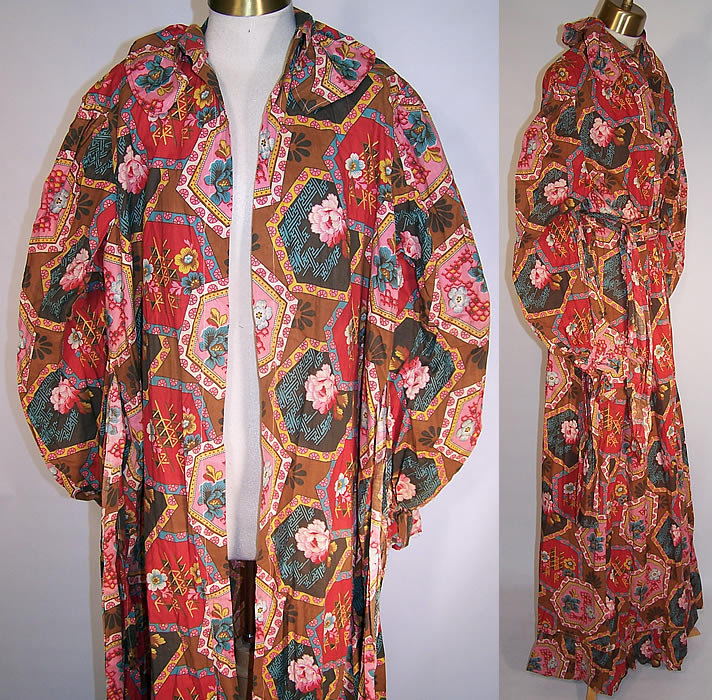 Victorian Womens Cotton Calico Chintz Orientalism Morning Gown Robe Dress