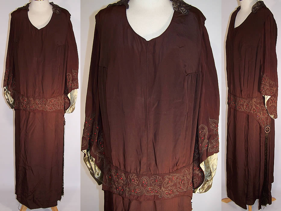 Vintage Art Deco Brown Silk Red Beaded Gold Lam&eacute; Embroidered Flapper Dress 