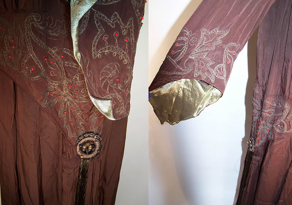 Vintage Art Deco Brown Silk Red Beaded Gold Lam&eacute; Embroidered Flapper Dress 