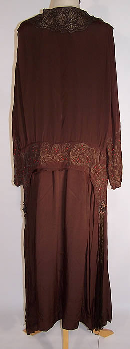 Vintage Art Deco Brown Silk Red Beaded Gold Lam&eacute; Embroidered Flapper Dress back view.