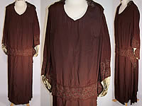 Vintage 1920s Art Deco Brown Silk Red Beaded Gold Lam&eacute; Embroidered Flapper Dress 