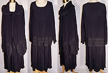 Vintage Pleated Ruched Navy Blue Silk Drop Waist Dress & Cloak Cape