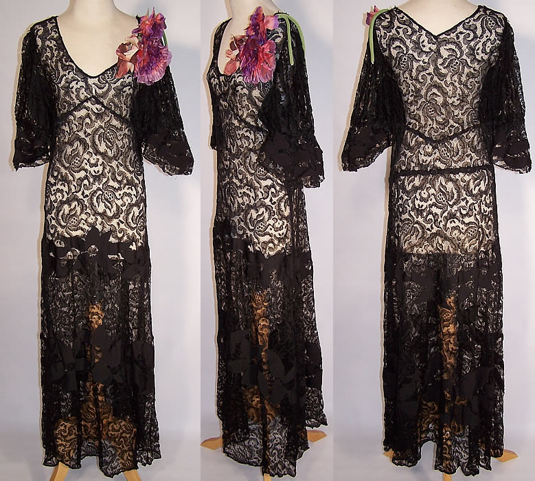 Vintage Black Lace Net Silk Applique Purple Flower Bias Cut Dress Gown