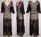 Vintage 1930s Black Lace Net Silk Applique Purple Flower Bias Cut Dress Gown 