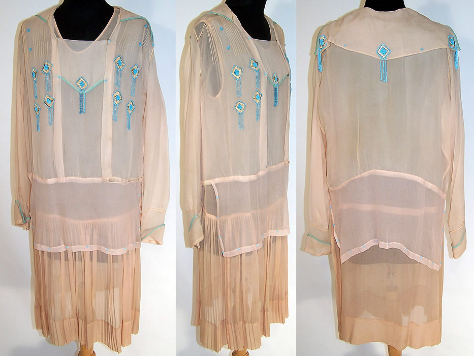 Vintage Pleated Pink Silk Turquoise Beaded Drop Waist Slip Dress and Blouse