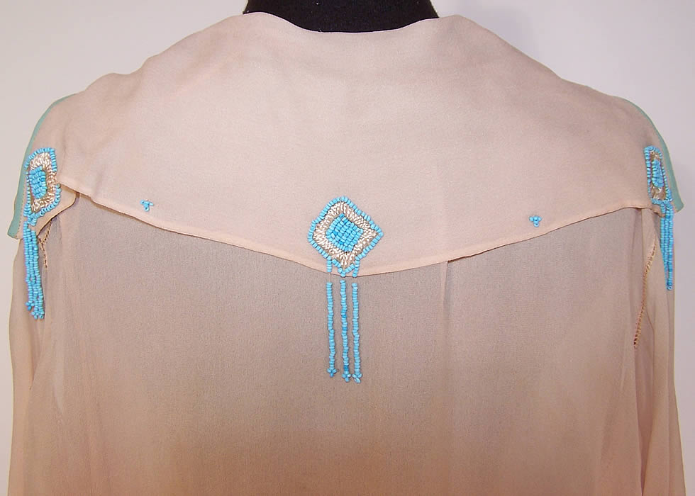 Vintage Pleated Pink Silk Turquoise Beaded Drop Waist Slip Dress and Blouse back view.