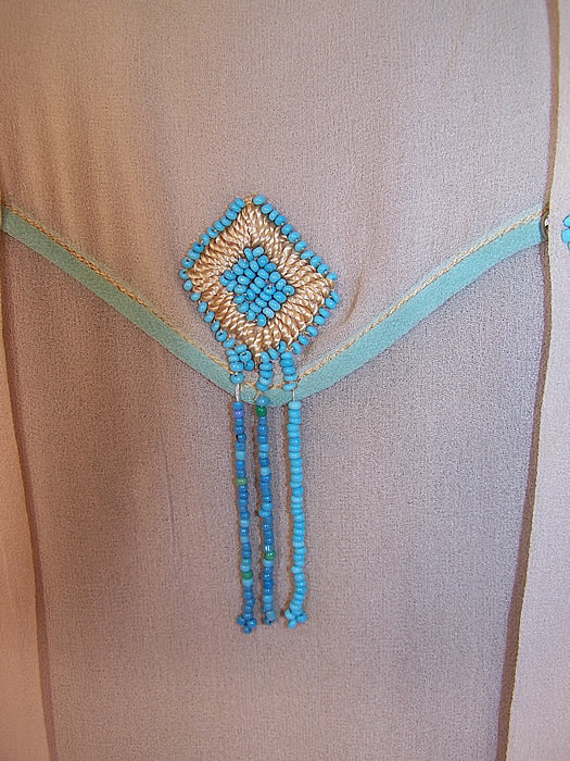 Vintage Pleated Pink Silk Turquoise Beaded Drop Waist Slip Dress and Blouse close up.