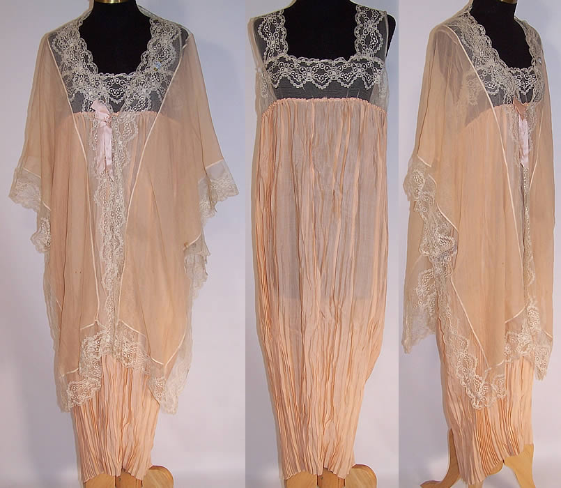 Vintage Peach Silk Chiffon Lace Rosette Negligee Peignoir Robe & Chemise Slip Nightgown