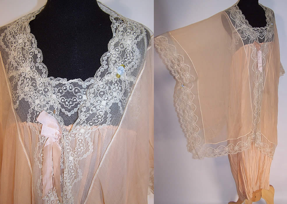 Vintage Peach Silk Chiffon Lace Rosette Negligee Peignoir Robe & Chemise Slip Nightgown