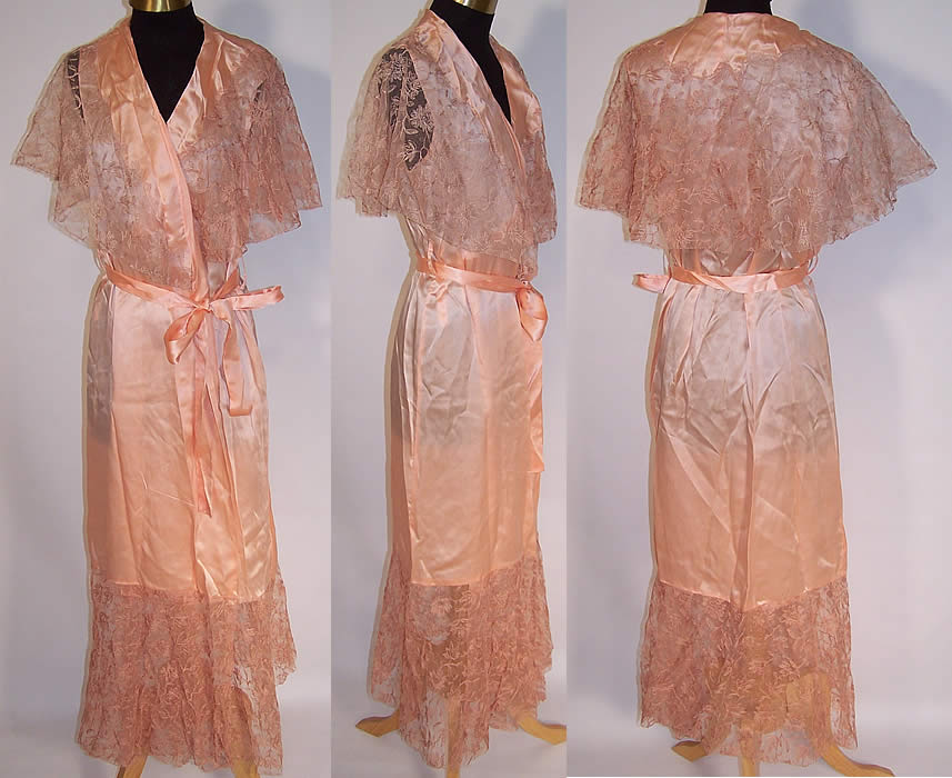 Vintage Peach Silk Tambour Lace Shawl Collar Negligee Peignoir Robe 