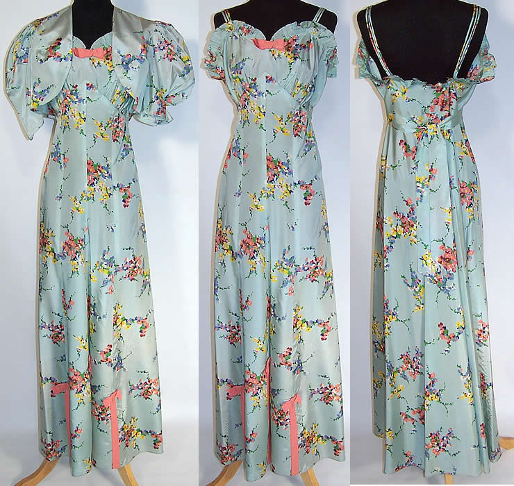 Vintage Blue Floral Pastel Rayon Taffeta Dress Gown with Bolero Jacket