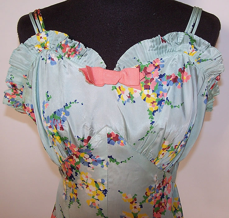 Vintage Blue Floral Pastel Rayon Taffeta Dress Gown close up
