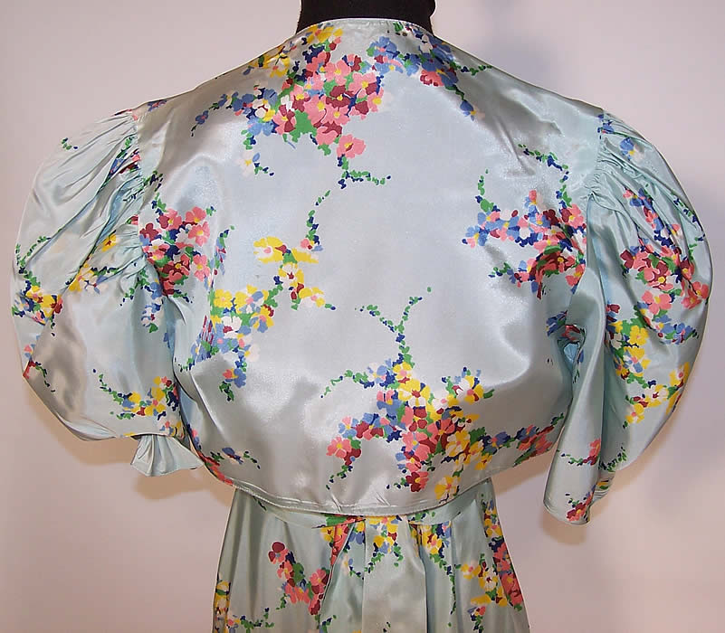 Vintage Blue Floral Pastel Rayon Taffeta Dress Gown and Bolero Jacket back view close up
