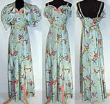 Vintage 1940s Blue Floral Pastel Rayon Taffeta Dress Gown  & Bolero Jacket