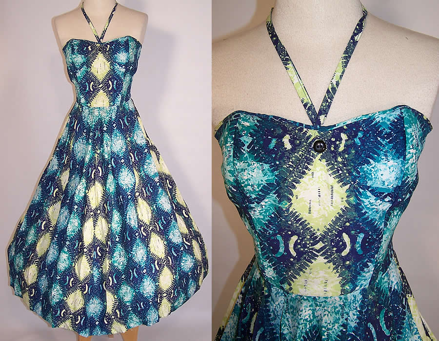 Vintage Royal Hawaiian Tapa Print Rayon Circle Skirt Halter Dress & Stole Shawl