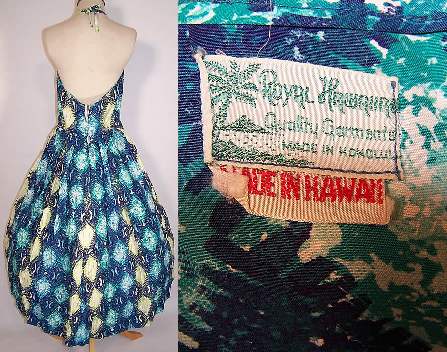Vintage Royal Hawaiian Tapa Print Rayon Circle Skirt Halter Dress & Stole Shawl