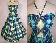 Vintage 1950s Royal Hawaiian Tapa Print Rayon Circle Skirt Halter Dress & Stole Shawl