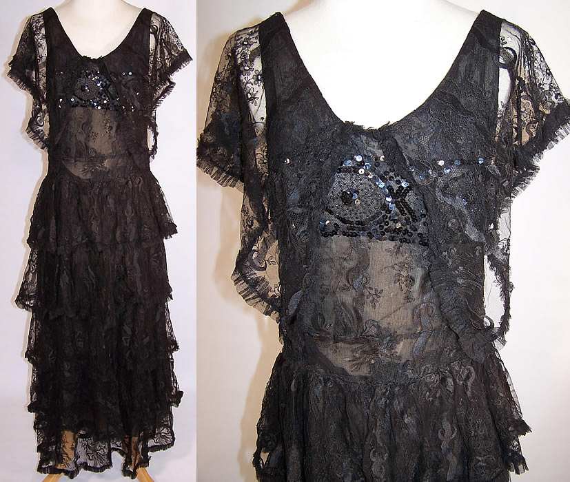 Vintage Black Chantilly Lace Silk Sequin Beaded Drop Waist Dress Gown