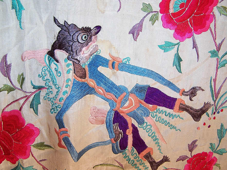 Antique Chinese Demon Figure White Silk Embroidered Canton Piano Shawl