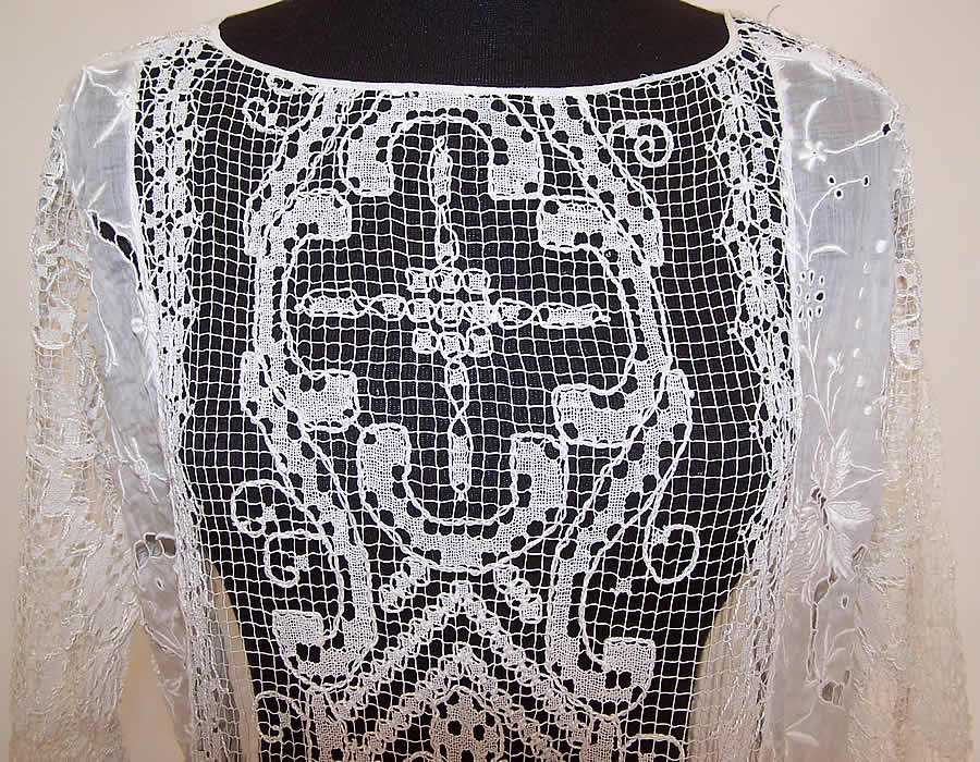 White Embroidered Batiste Filet Lace Belted Drop Waist Dress close up