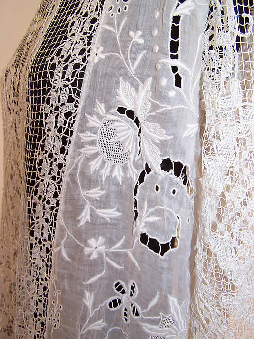White Embroidered Batiste Filet Lace Belted Drop Waist Dress side close up.