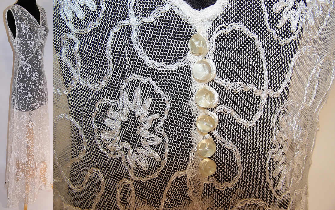 Vintage Embroidered Soutache Work White Net Lace Bias Cut Dress Gown side view and glass button trim