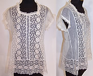 Vintage 1920s Ecru Embroidered Net Lace Tunic Top Babydoll Blouse