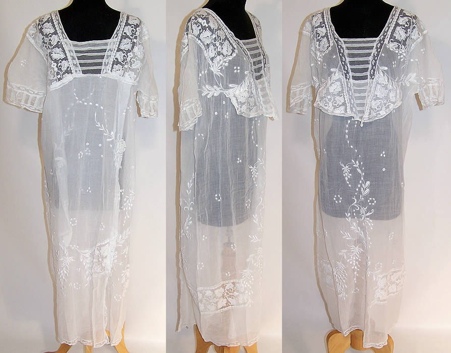 White Embroidered Batiste Filet Lace Nightgown Dress