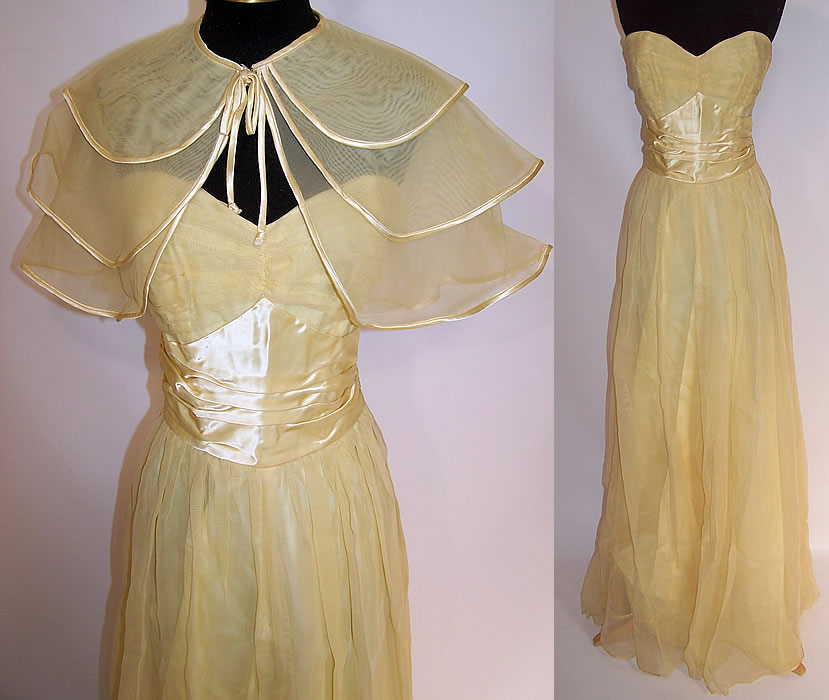 Vintage Fred Perlberg Yellow Chiffon Strapless Formal Gown Dance Dress & Cape