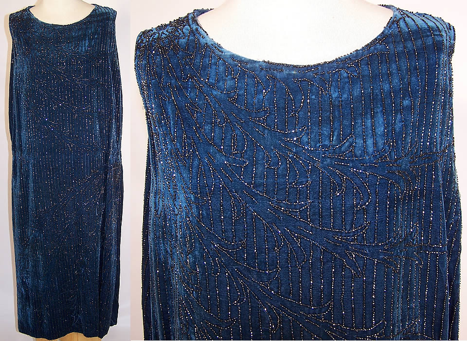 Vintage Barbara Lee France Art Deco Teal Blue Beaded Velvet Flapper Dress