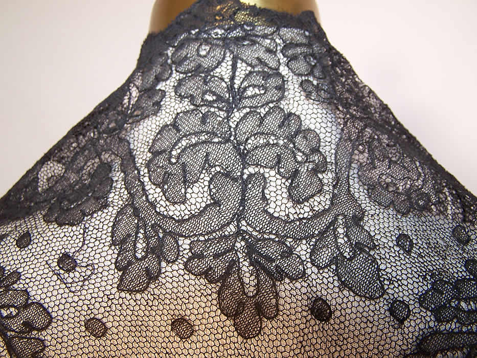Victorian Civil War Antique Black Chantilly Lace Mantilla Spanish Shawl back view close up