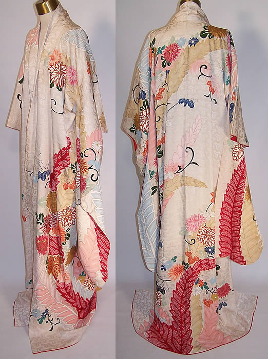 Vintage Japanese Geisha Silk Screen Pastel Floral Shibori Leaf Kimono