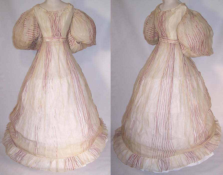 Antique Georgian Regency Muslin Purple Stripe Gigot Sleeve Gown Dress