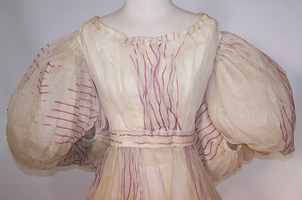 Antique Georgian Regency Muslin Purple Stripe Gigot Sleeve Gown Dress