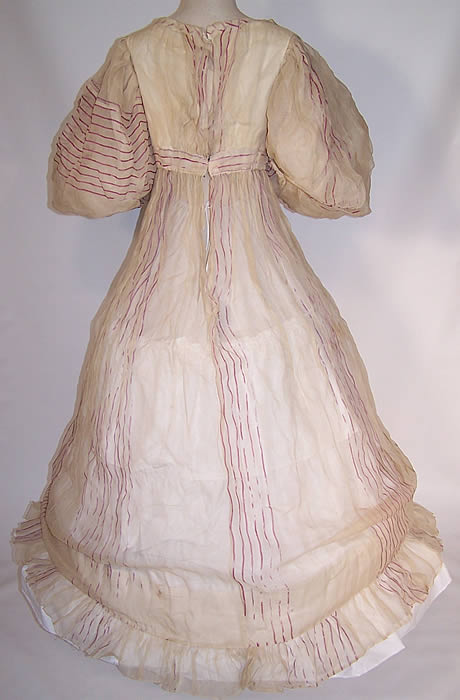 Antique Georgian Regency Muslin Purple Stripe Gigot Sleeve Gown Dress
