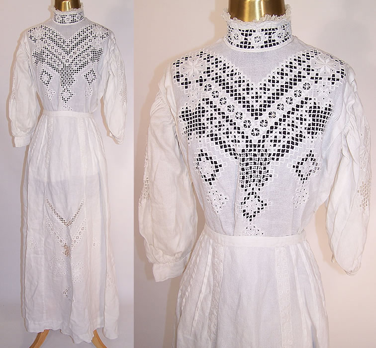 Edwardian Hardanger Embroidery Lace White Linen Blouse Skirt Dress