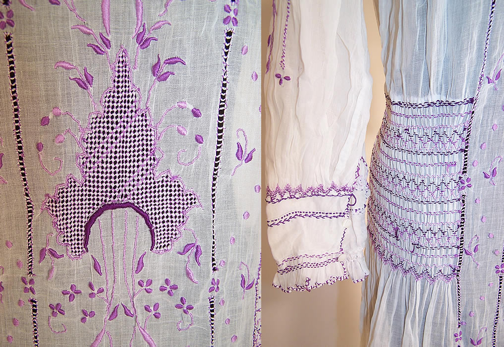 Vintage Purple & White Batiste Smocking Embroidered Drop Waist Peasant Dress