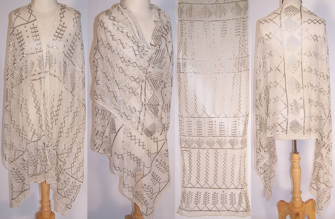 Vintage Art Deco Egyptian Assuit Cream Net Diamond Silver Shawl Scarf