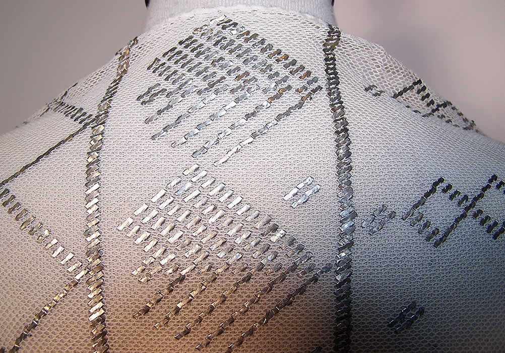 Vintage Art Deco Egyptian Assuit Cream Net Diamond Silver Shawl Scarf back view.