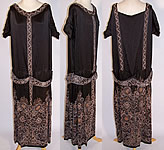 Art Deco Black Silk Gold Metallic Beaded Belted Drop Waist Flapper Dress