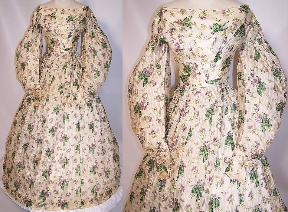 Antique Georgian Regency Violet Flower Print Silk Gigot Sleeve Gown Dress 