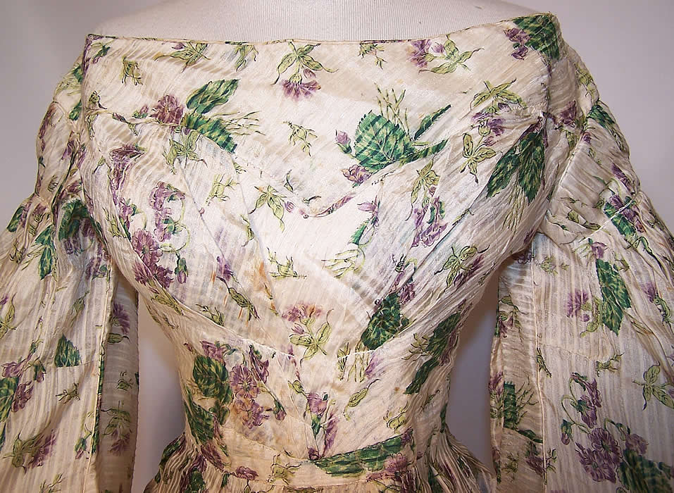 Antique Georgian Regency Violet Flower Print Silk Gigot Sleeve Gown Dress 