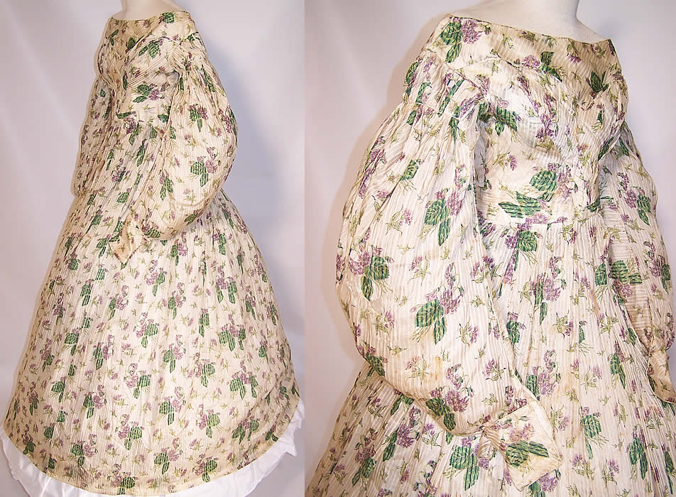 Antique Georgian Regency Violet Flower Print Silk Gigot Sleeve Gown Dress 