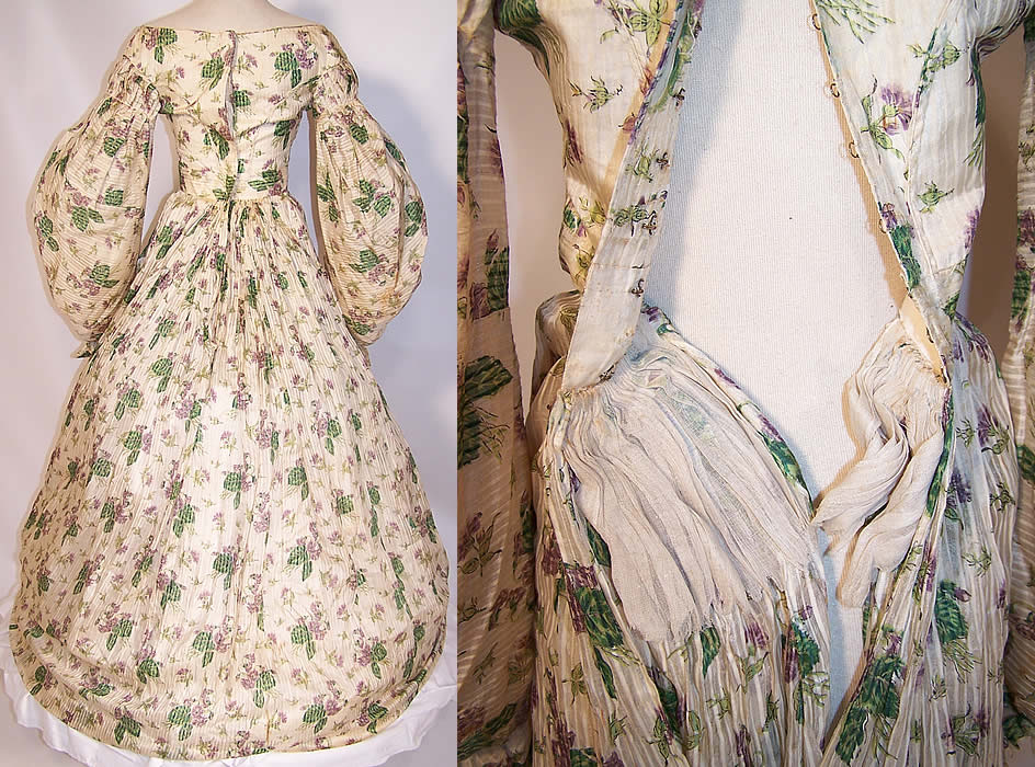 Antique Georgian Regency Violet Flower Print Silk Gigot Sleeve Gown Dress 