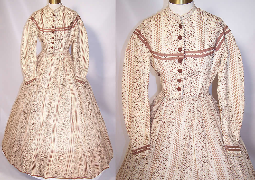 Victorian Civil War Brown & White Wool Challis Print Hoop Skirt Dress