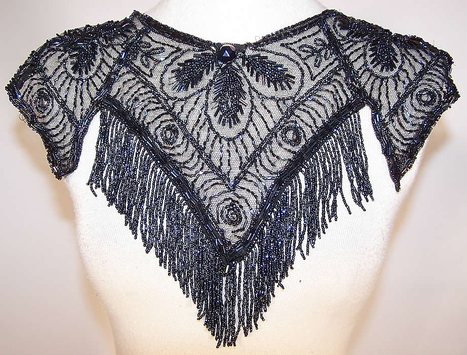 Edwardian Titanic Blue Beaded Bodice Dress Yoke Neck Collar Trim